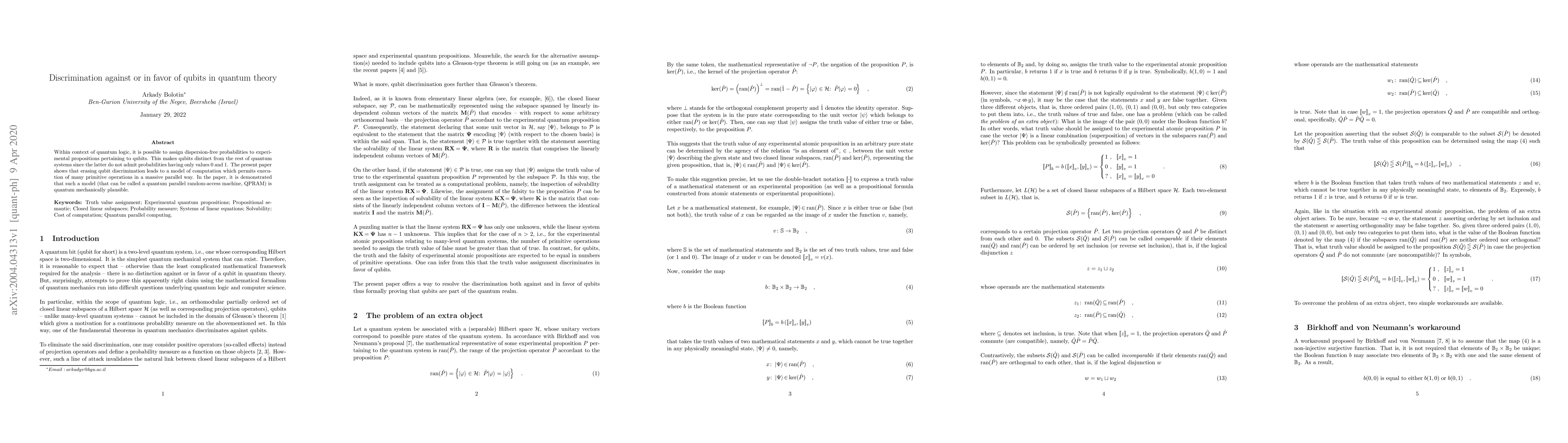 Thumbnail for Discrimination against or in favor of qubits in quantum theory
