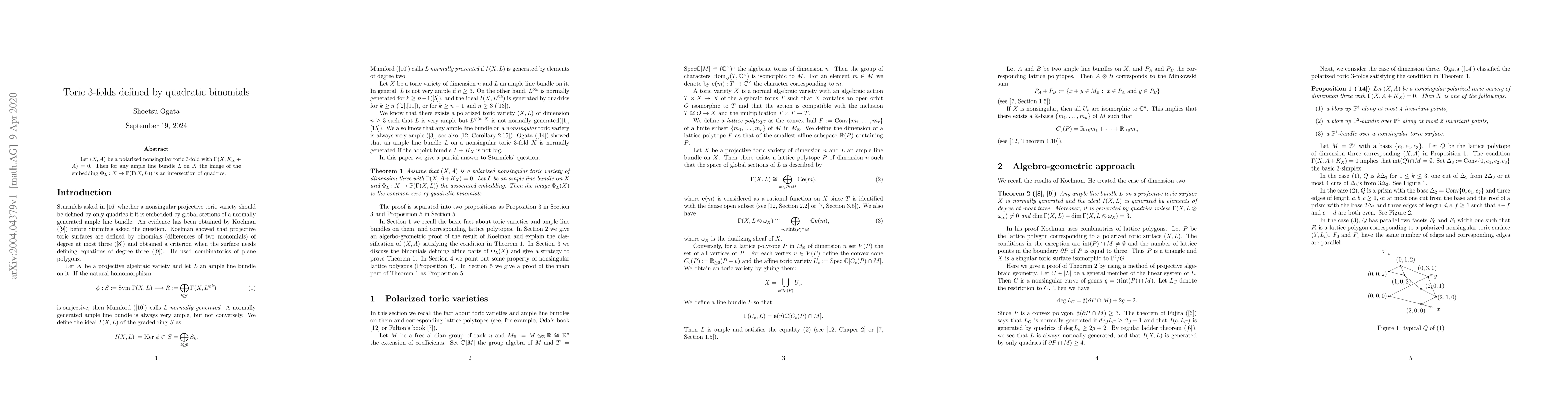 Thumbnail for Toric 3-folds defined by quadratic binomials