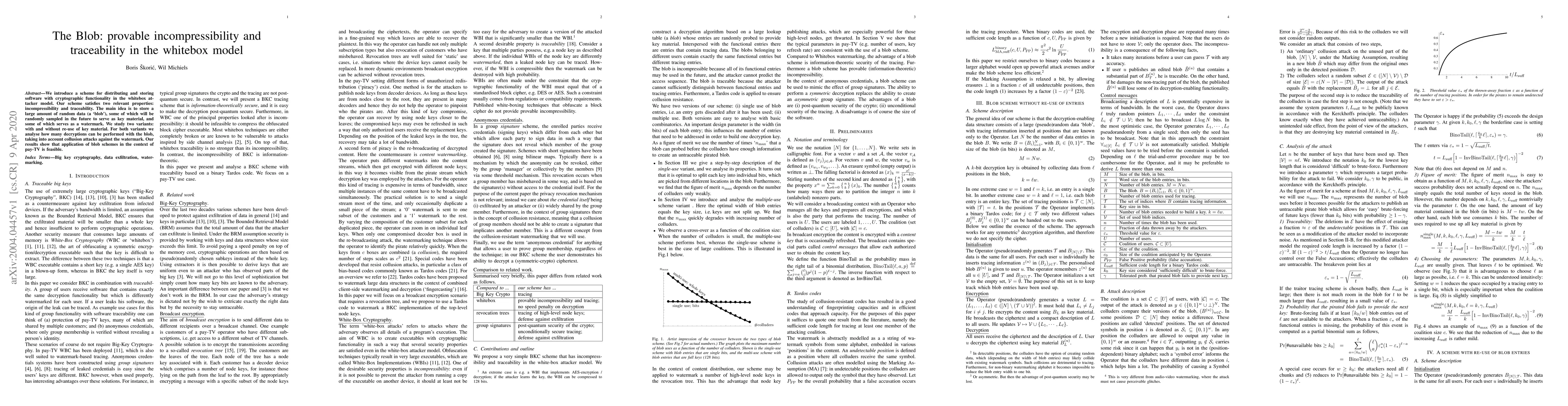 Thumbnail for The Blob: provable incompressibility and traceability in the whitebox
  model