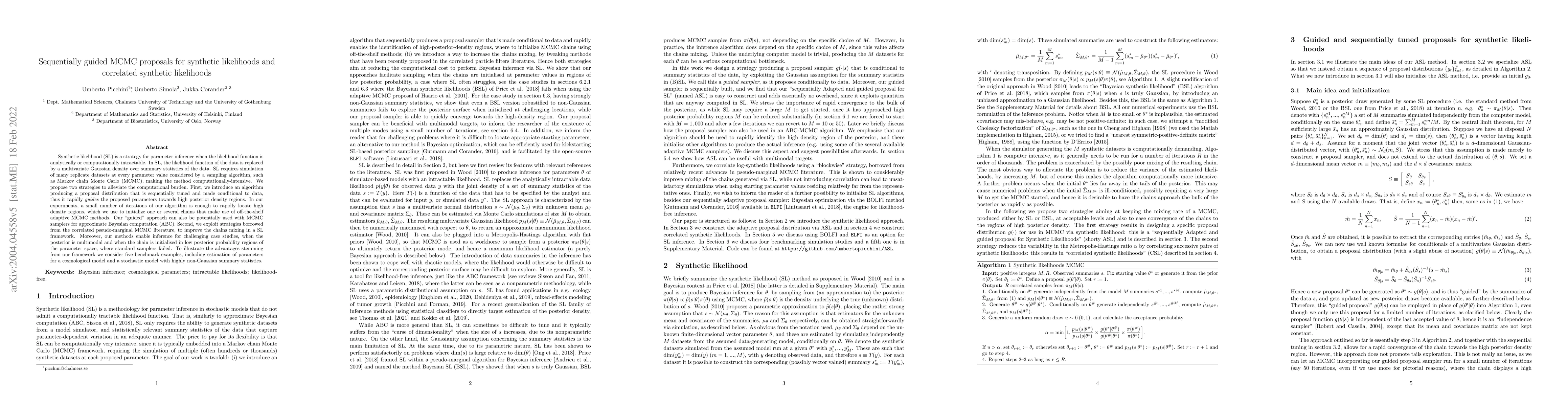 Thumbnail for Sequentially guided MCMC proposals for synthetic likelihoods and
  correlated synthetic likelihoods