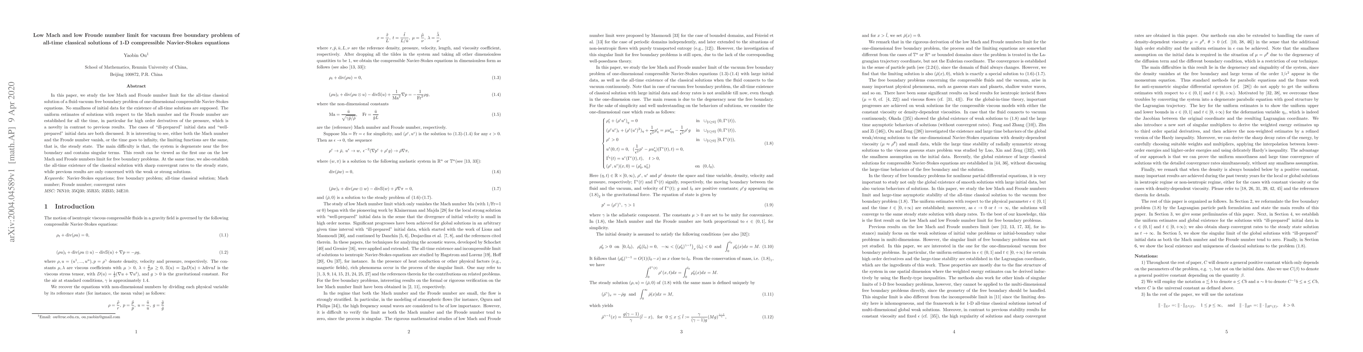 Thumbnail for Low Mach and low Froude number limit for vacuum free boundary problem of
  all-time classical solutions of 1-D compressible Navier-Stokes equations