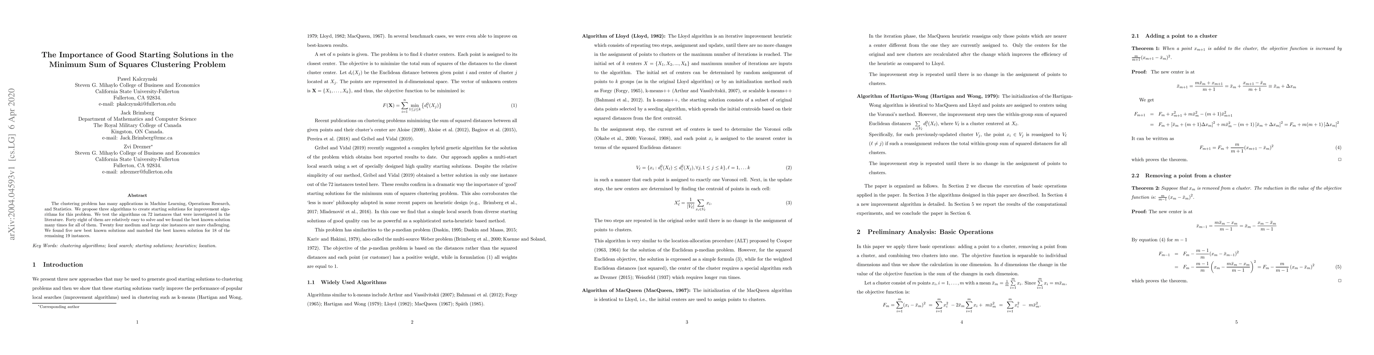 Thumbnail for The Importance of Good Starting Solutions in the Minimum Sum of Squares
  Clustering Problem