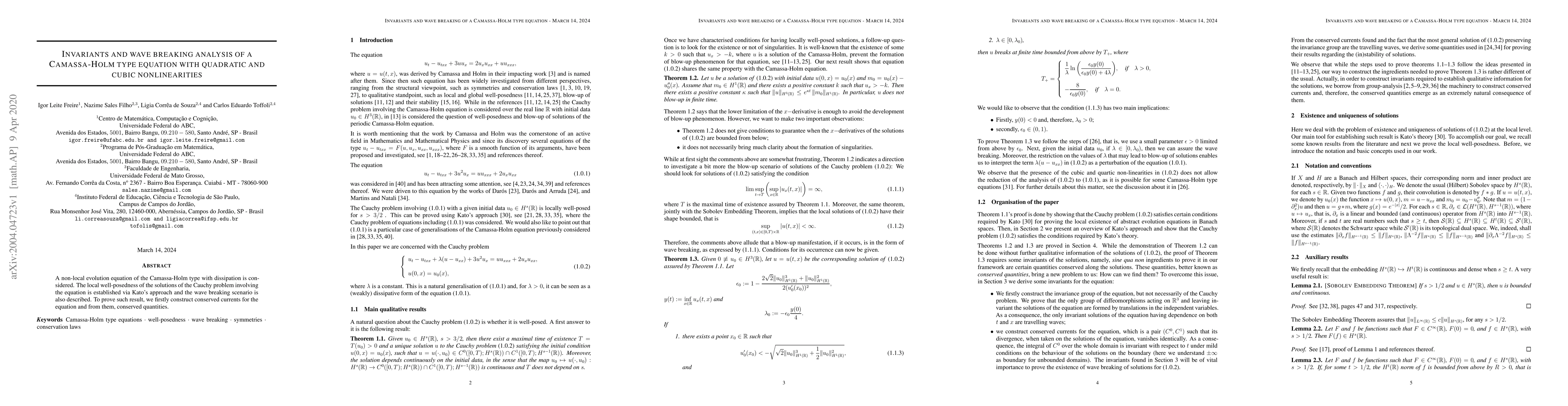 Thumbnail for Invariants and wave breaking analysis of a Camassa-Holm type equation
  with quadratic and cubic nonlinearities