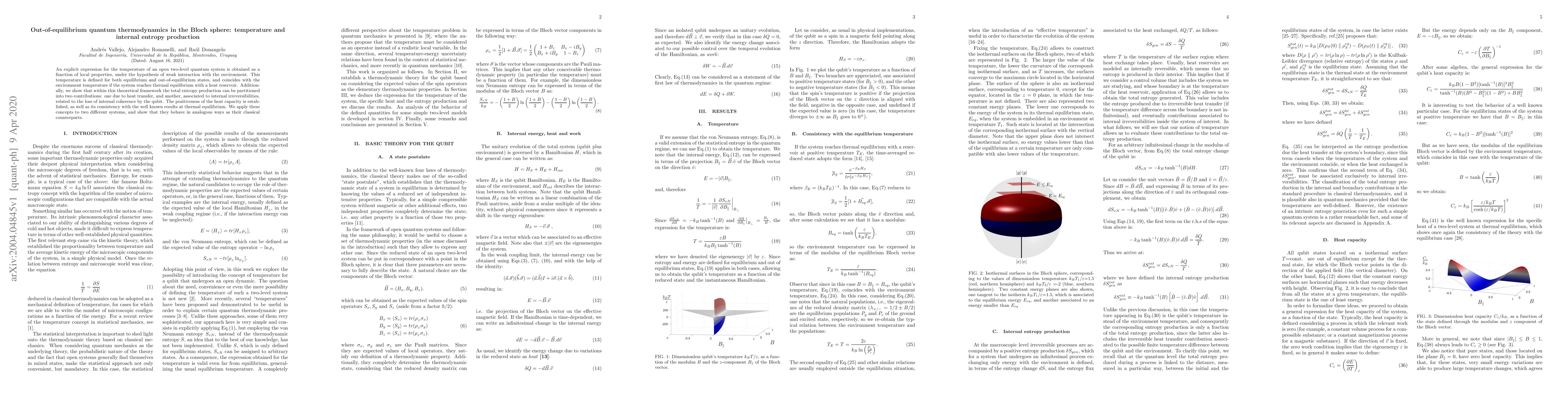 Thumbnail for Out-of-equilibrium quantum thermodynamics in the Bloch sphere:
  temperature and internal entropy production