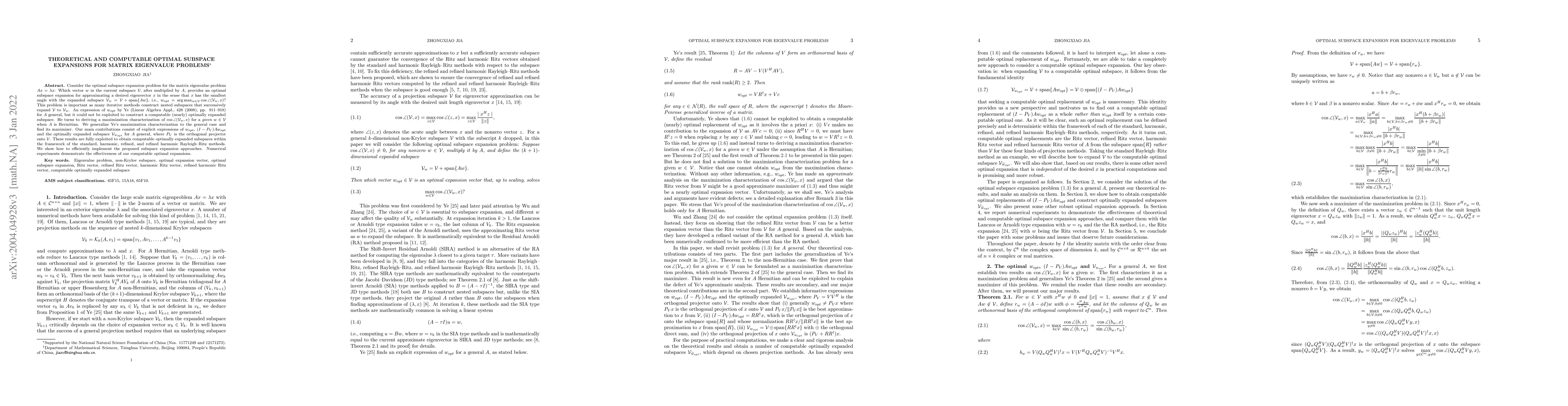 Thumbnail for Theoretical and Computable Optimal Subspace Expansions for Matrix
  Eigenvalue Problems