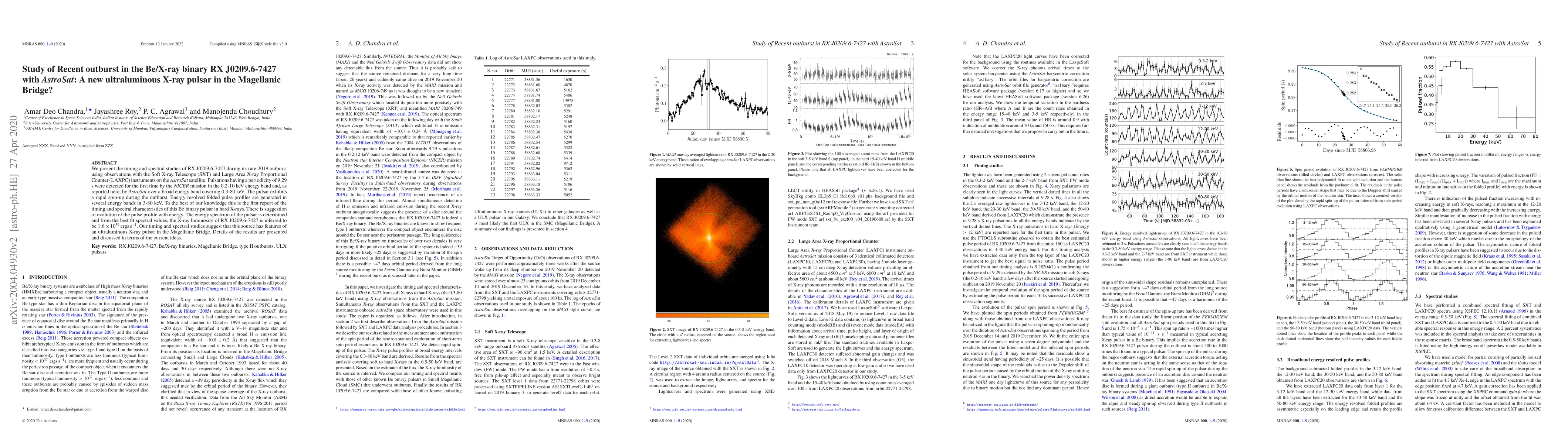 Thumbnail for Study of Recent outburst in the Be/X-ray binary RX J0209.6-7427 with
  AstroSat: A new ultraluminous X-ray pulsar in the Magellanic Bridge?