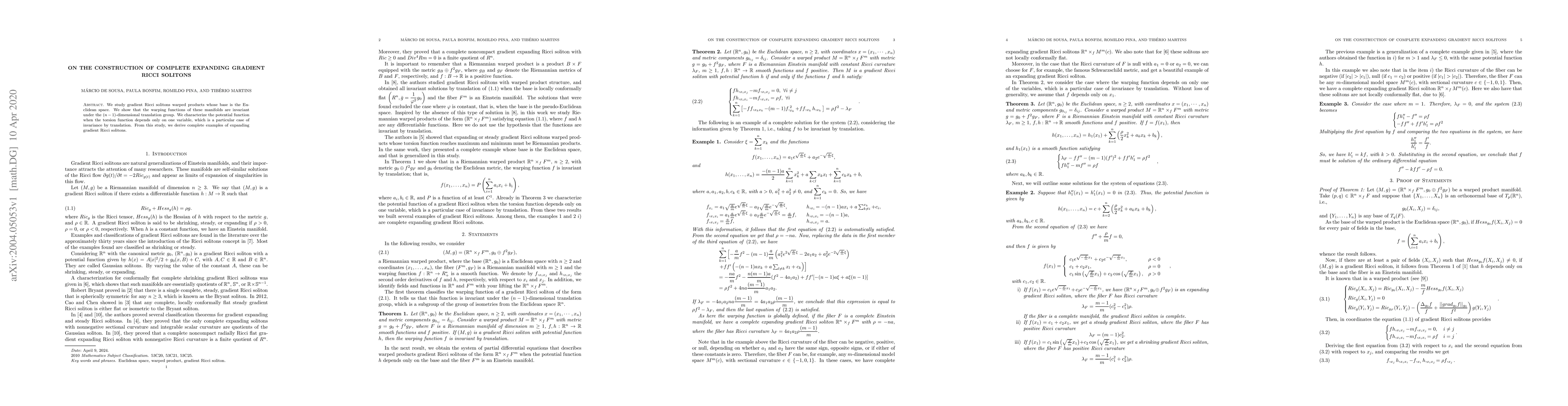 Thumbnail for On the construction of complete expanding gradient Rici solitons