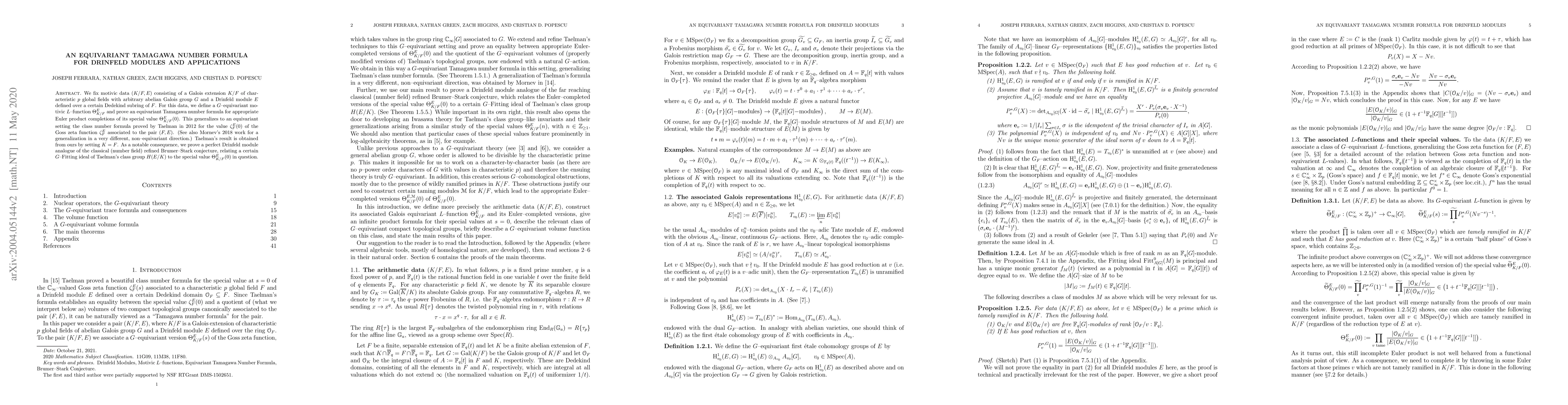 Thumbnail for An Equivariant Tamagawa Number Formula for Drinfeld Modules and
  Applications