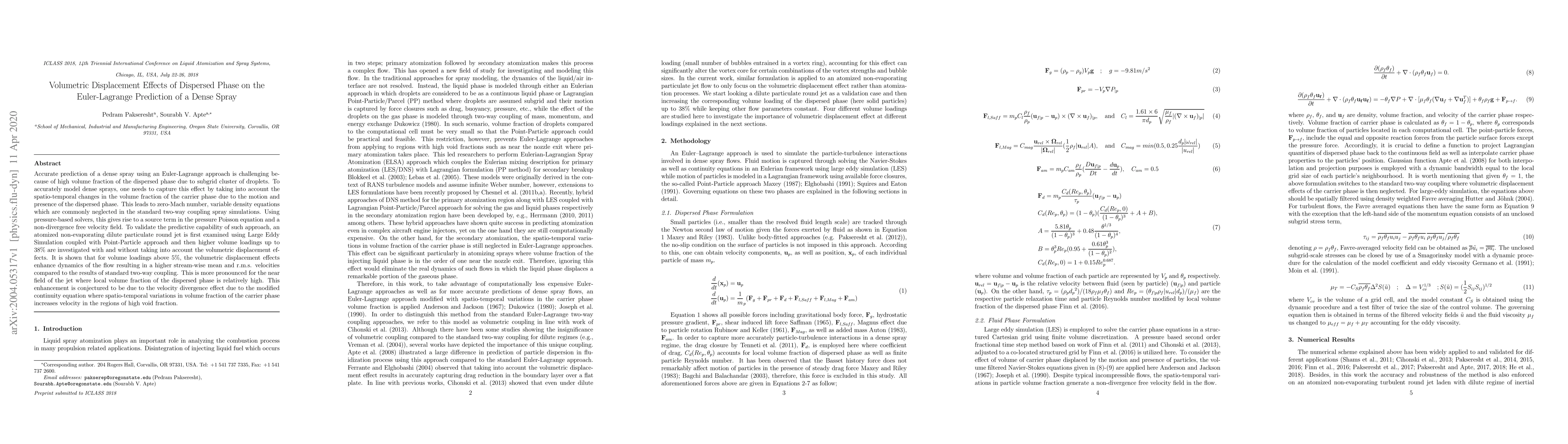 Thumbnail for Volumetric Displacement Effects of Dispersed Phase on the Euler-Lagrange
  Prediction of a Dense Spray