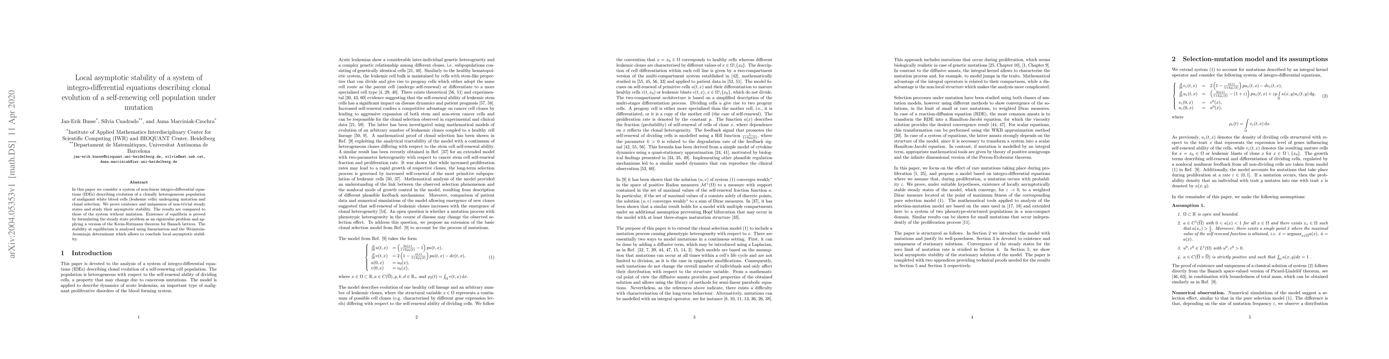 Thumbnail for Local asymptotic stability of a system of integro-differential equations
  describing clonal evolution of a self-renewing cell population under mutation