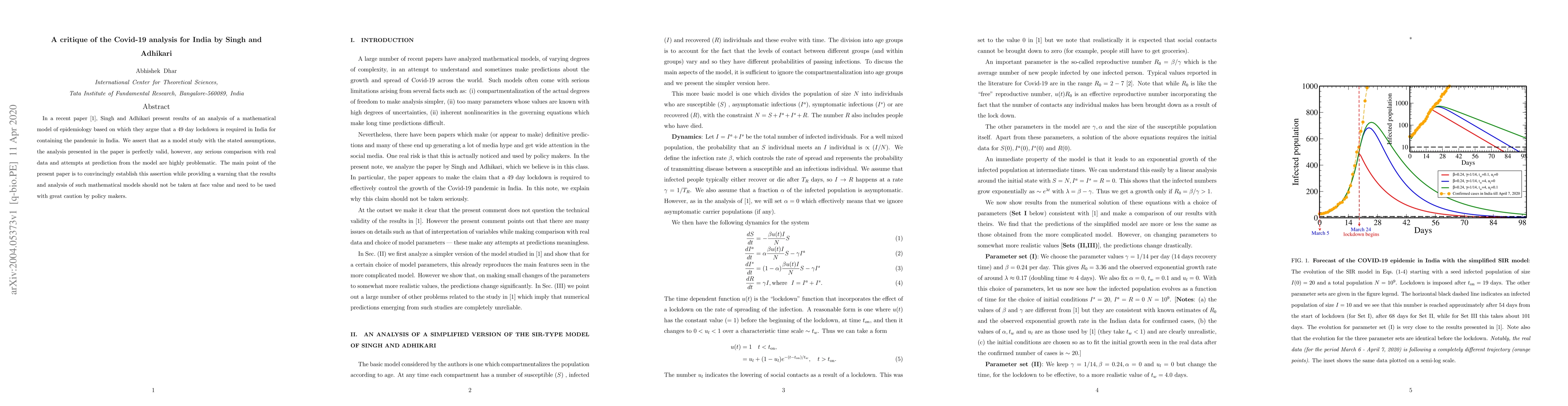 Thumbnail for A critique of the Covid-19 analysis for India by Singh and Adhikari