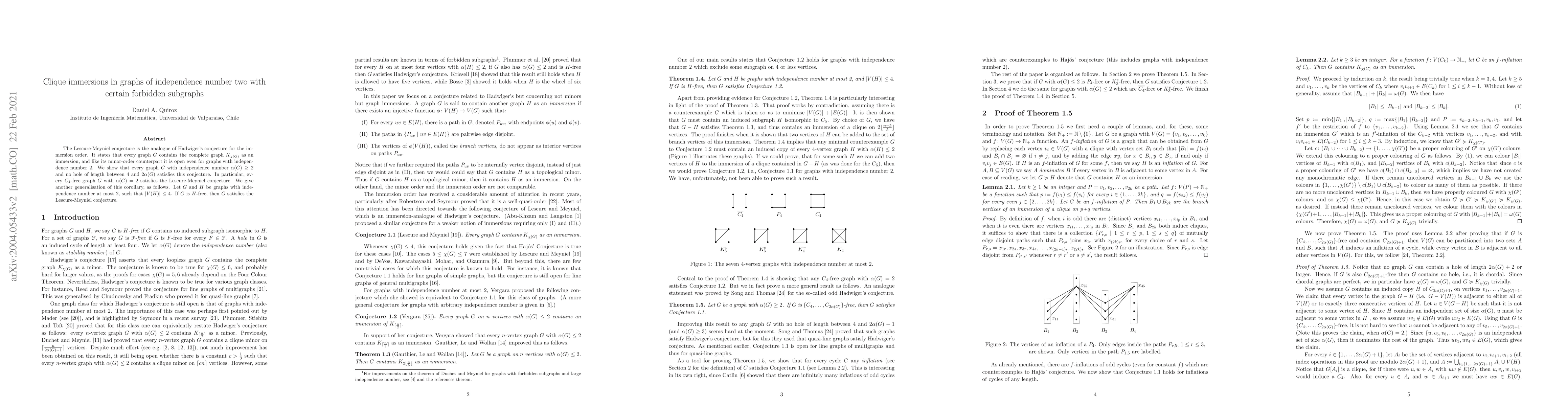 Thumbnail for Clique immersions in graphs of independence number two with certain
  forbidden subgraphs