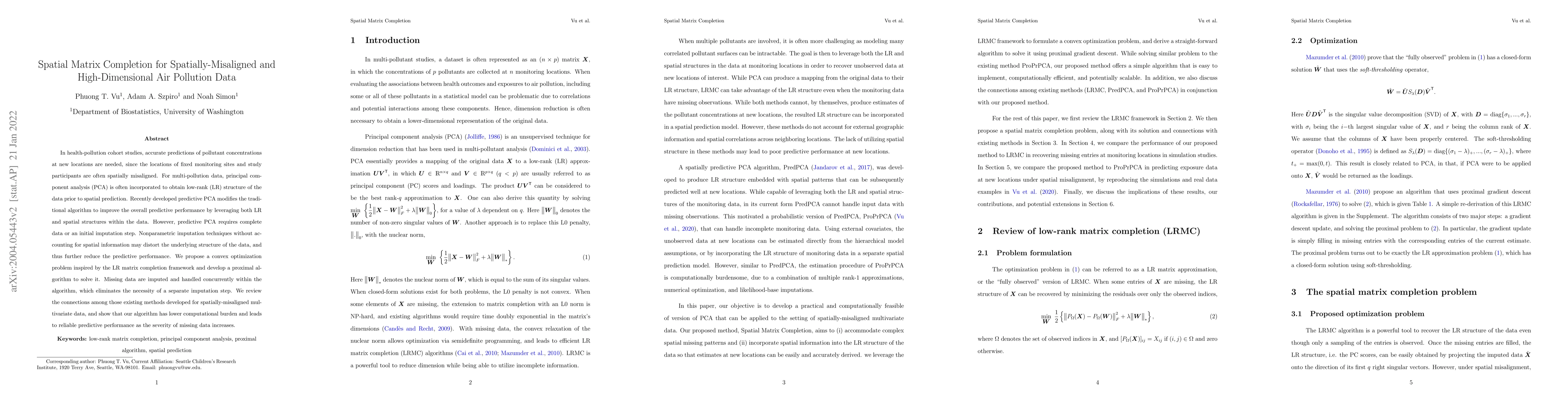 Thumbnail for Spatial Matrix Completion for Spatially-Misaligned and High-Dimensional
  Air Pollution Data