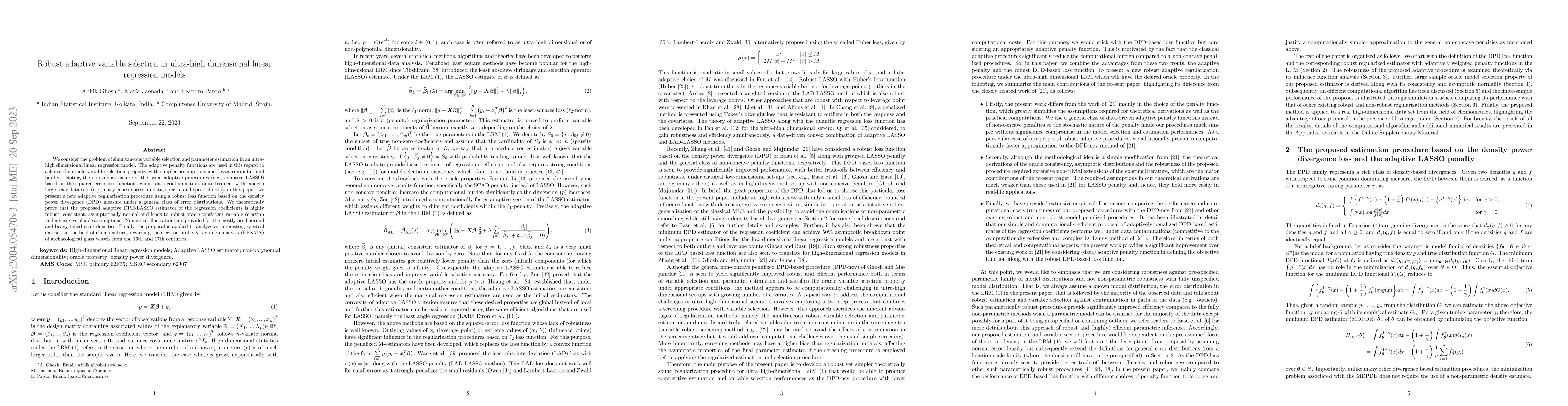 Thumbnail for Robust adaptive variable selection in ultra-high dimensional linear
  regression models