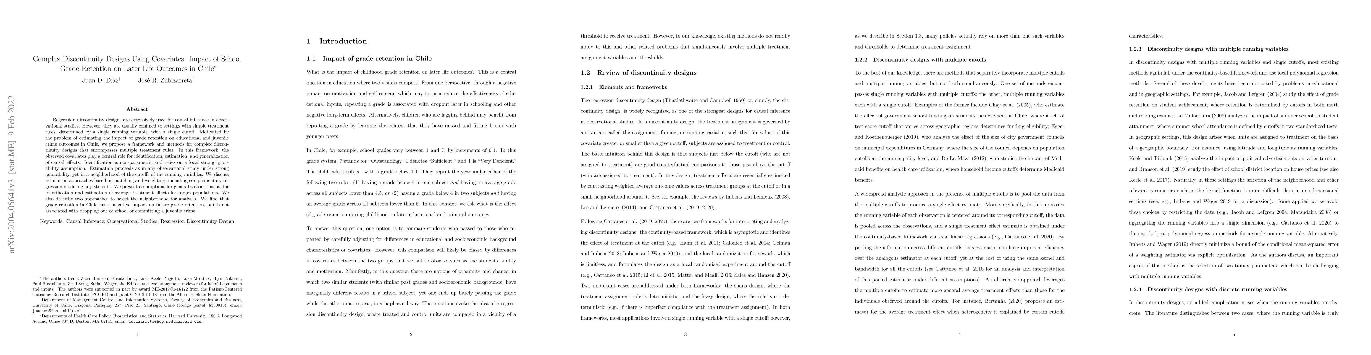 Thumbnail for Complex Discontinuity Designs Using Covariates: Impact of School Grade
  Retention on Later Life Outcomes in Chile