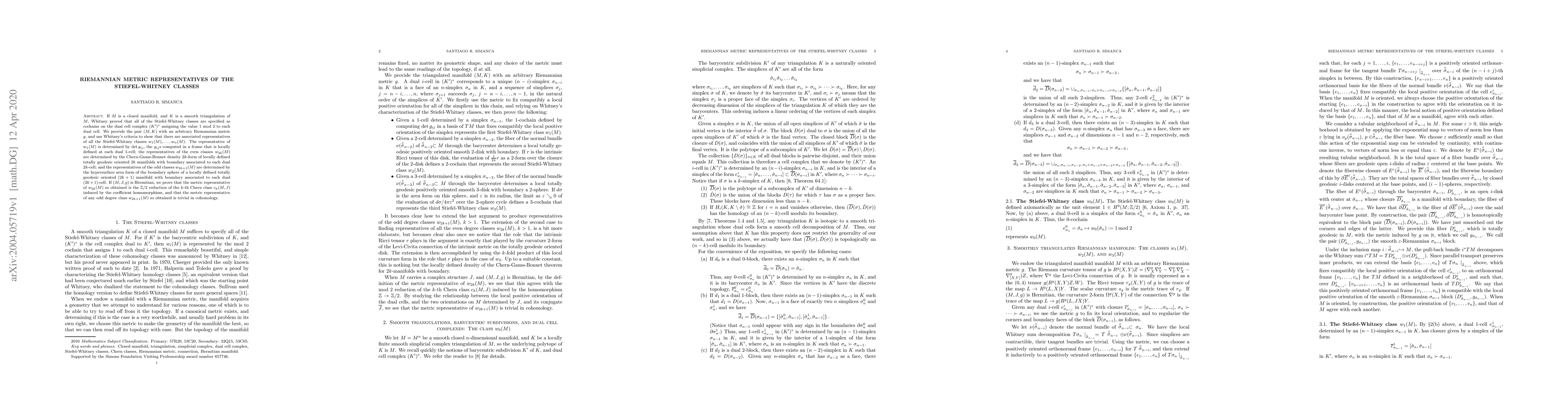 Thumbnail for Riemannian metric representatives of the Stiefel-Whitney classes