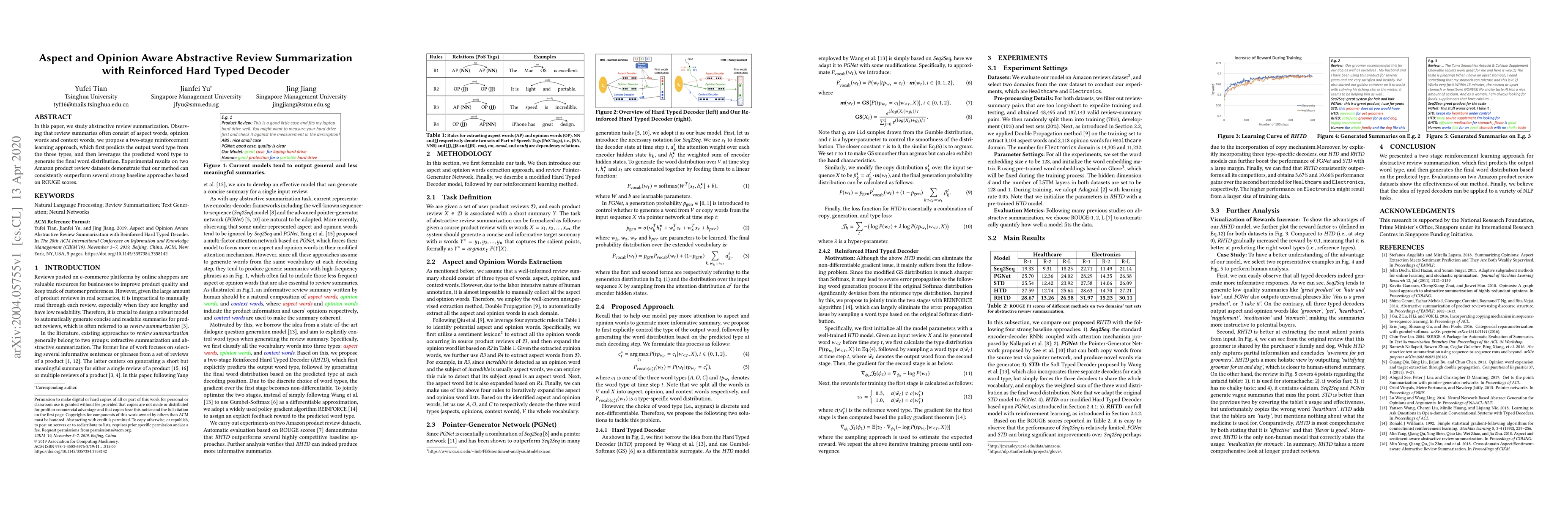 Thumbnail for Aspect and Opinion Aware Abstractive Review Summarization with
  Reinforced Hard Typed Decoder