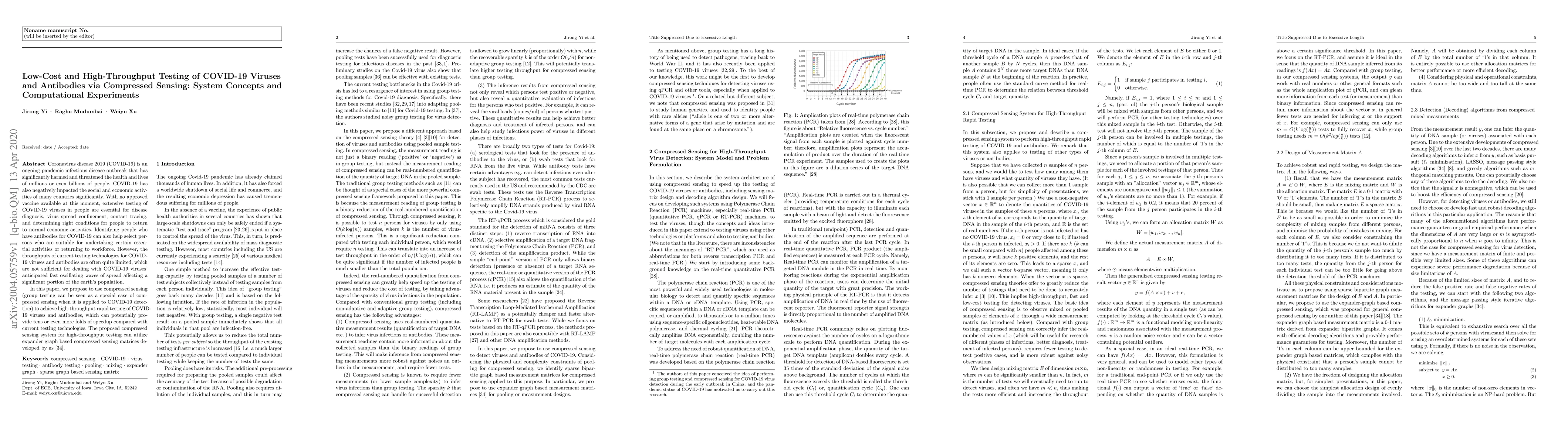 Thumbnail for Low-Cost and High-Throughput Testing of COVID-19 Viruses and Antibodies
  via Compressed Sensing: System Concepts and Computational Experiments