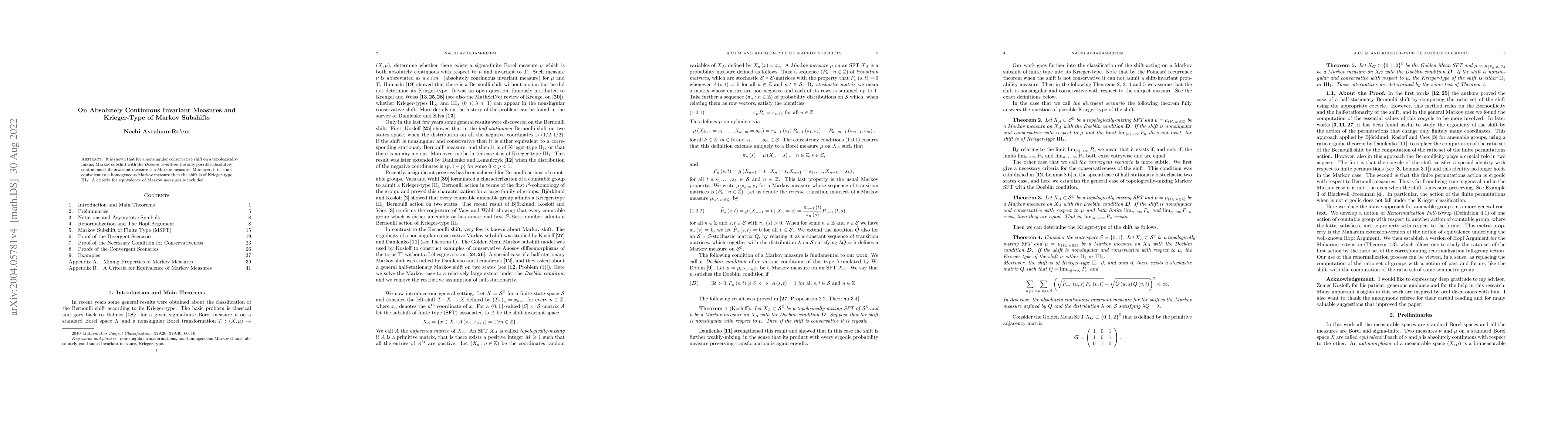 Thumbnail for On Absolutely Continuous Invariant Measures and Krieger-Type of Markov
  Subshifts