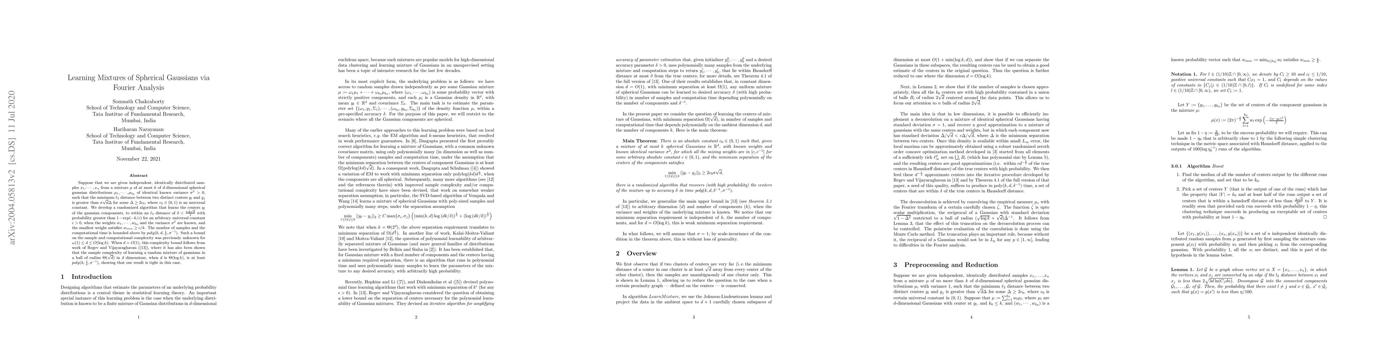 Thumbnail for Learning Mixtures of Spherical Gaussians via Fourier Analysis
