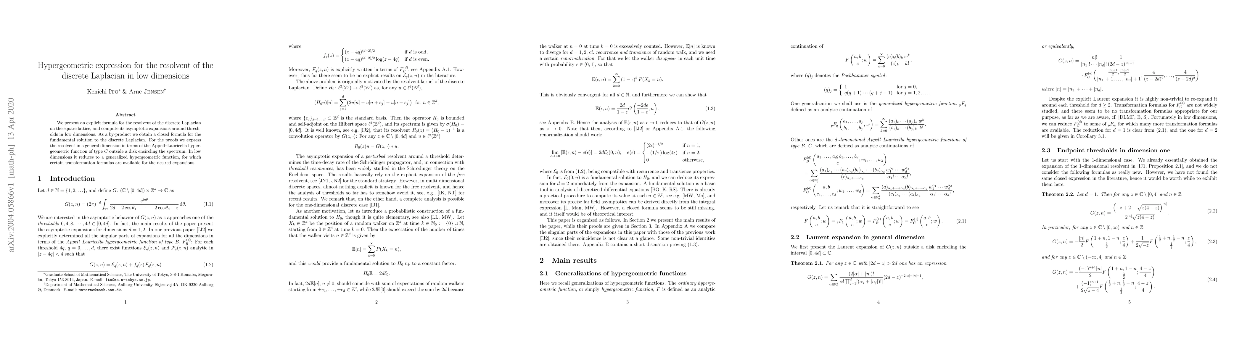 Thumbnail for Hypergeometric expression for the resolvent of the discrete Laplacian in
  low dimensions