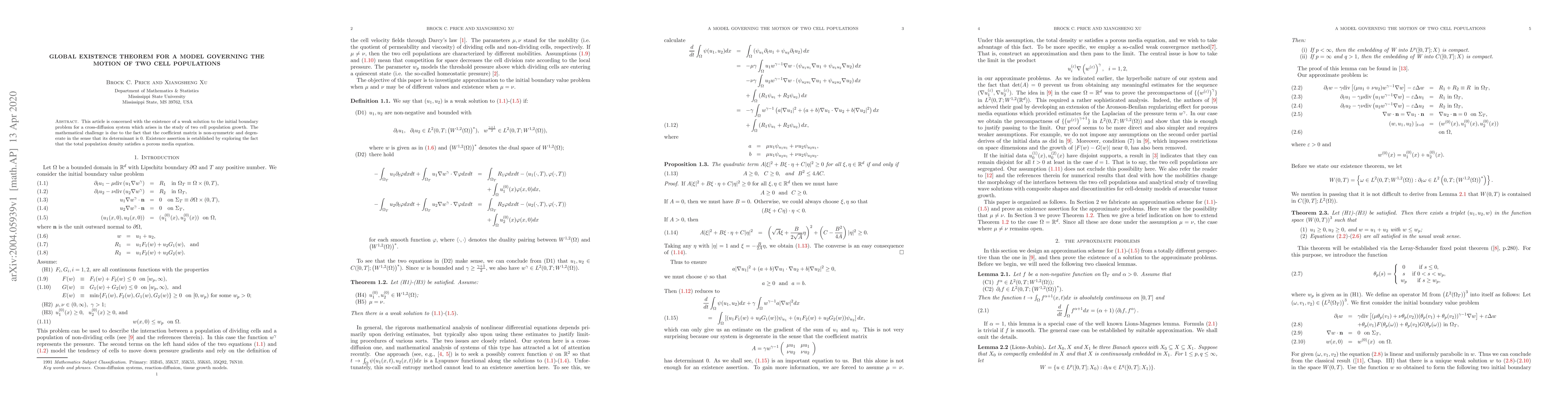 Thumbnail for Global existence theorem for a model governing the motion of two cell
  populations