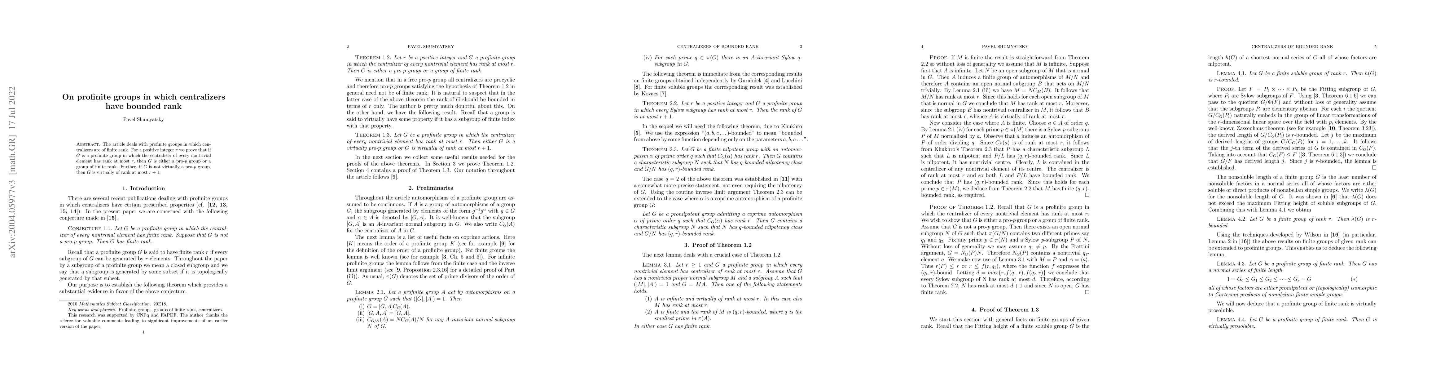 Thumbnail for On profinite groups in which centralizers have bounded rank
