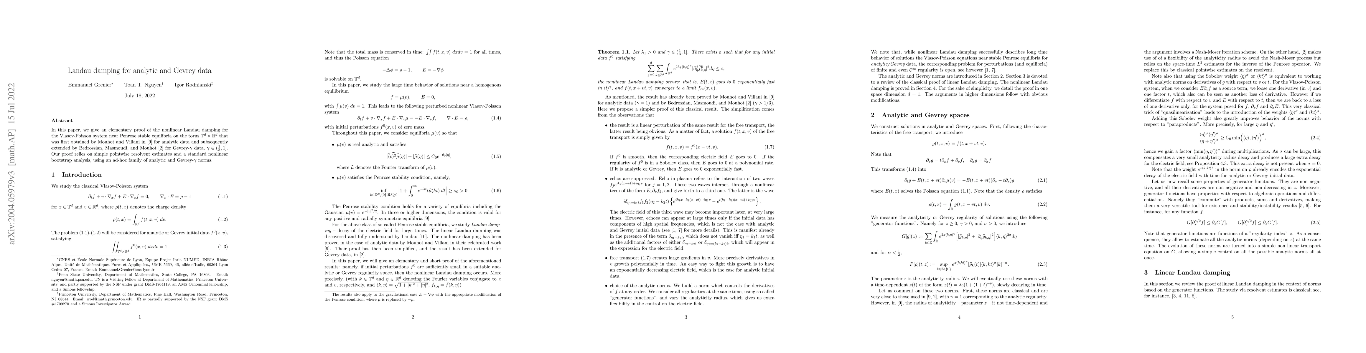 Thumbnail for Landau damping for analytic and Gevrey data