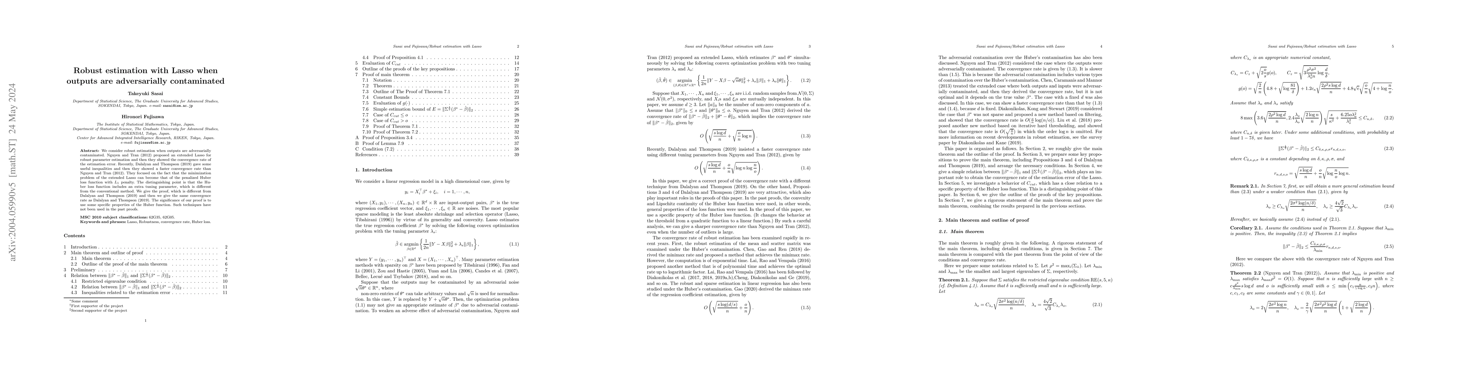 Thumbnail for Robust estimation with Lasso when outputs are adversarially contaminated