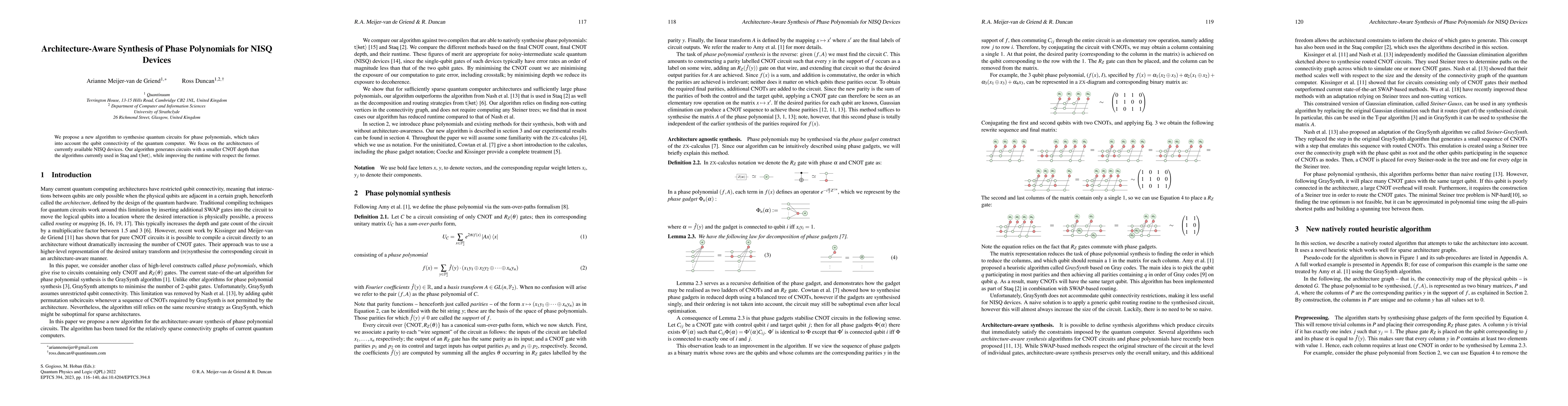 Thumbnail for Architecture-Aware Synthesis of Phase Polynomials for NISQ Devices