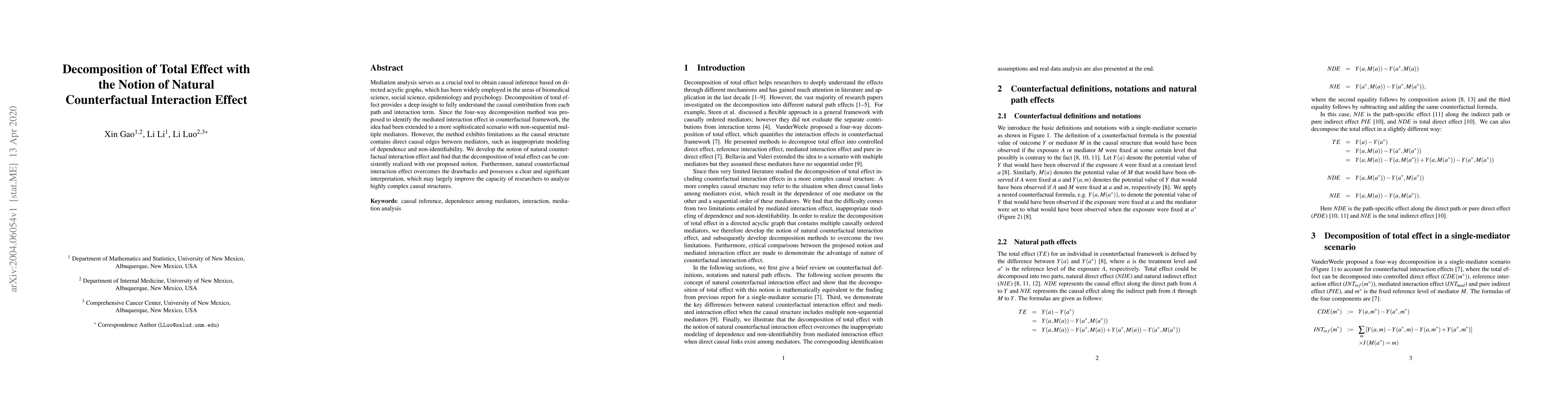 Thumbnail for Decomposition of Total Effect with the Notion of Natural Counterfactual
  Interaction Effect