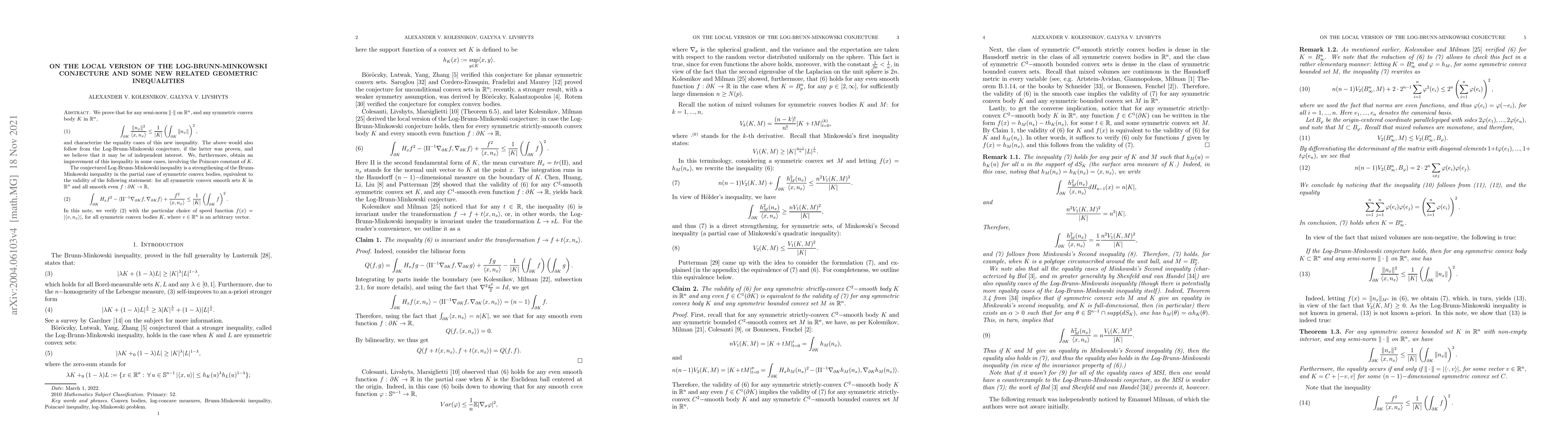 Thumbnail for On the local version of the Log-Brunn-Minkowski conjecture and some new
  related geometric inequalities