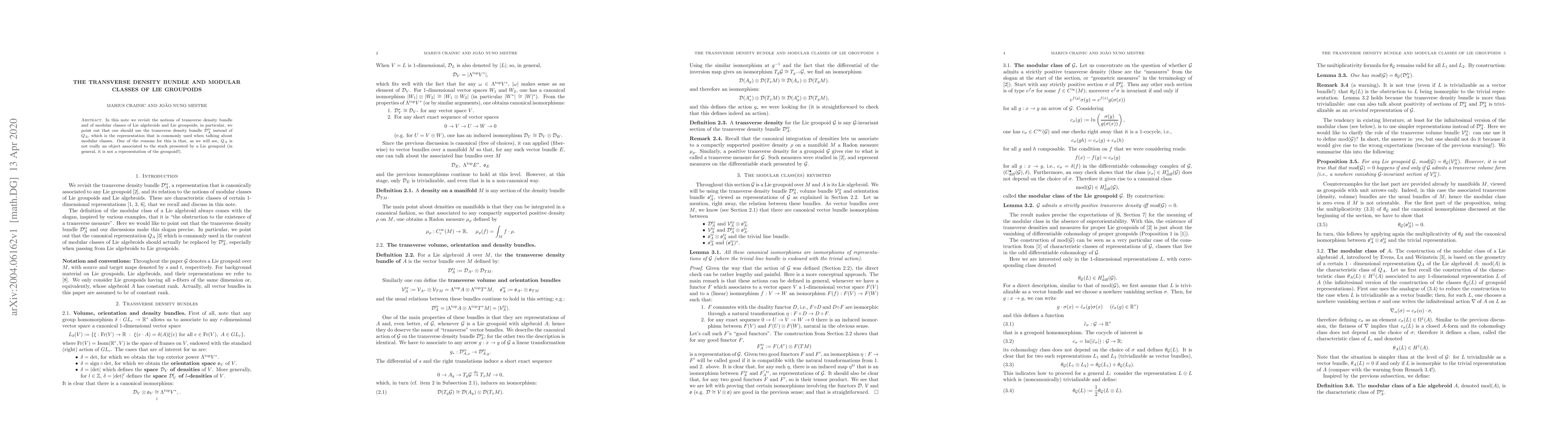Thumbnail for The transverse density bundle and modular classes of Lie groupoids