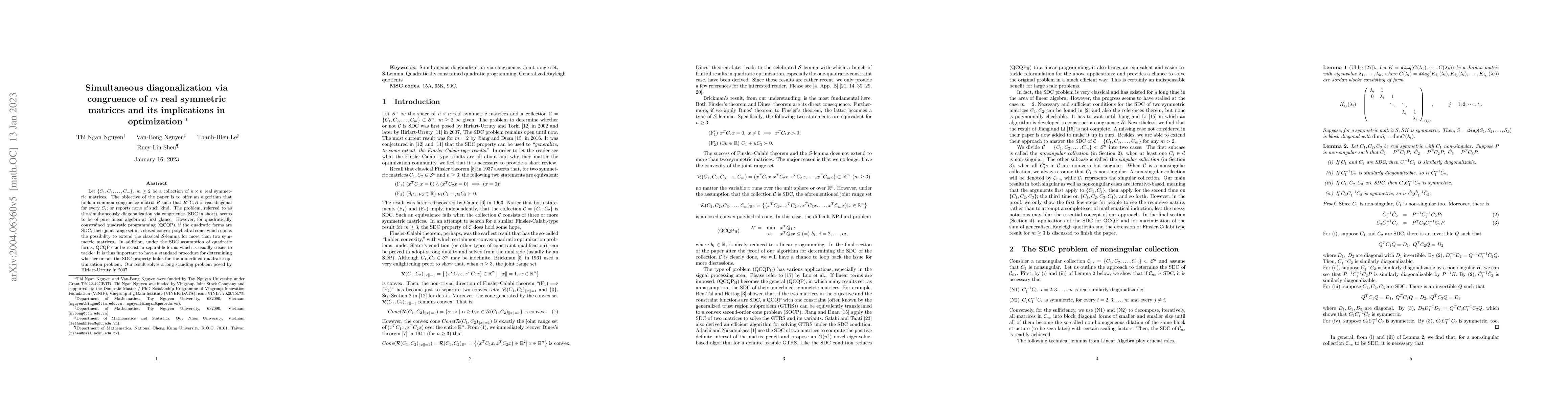 Thumbnail for Simultaneous diagonalization via congruence of $m$ real symmetric
  matrices and its implications in optimization