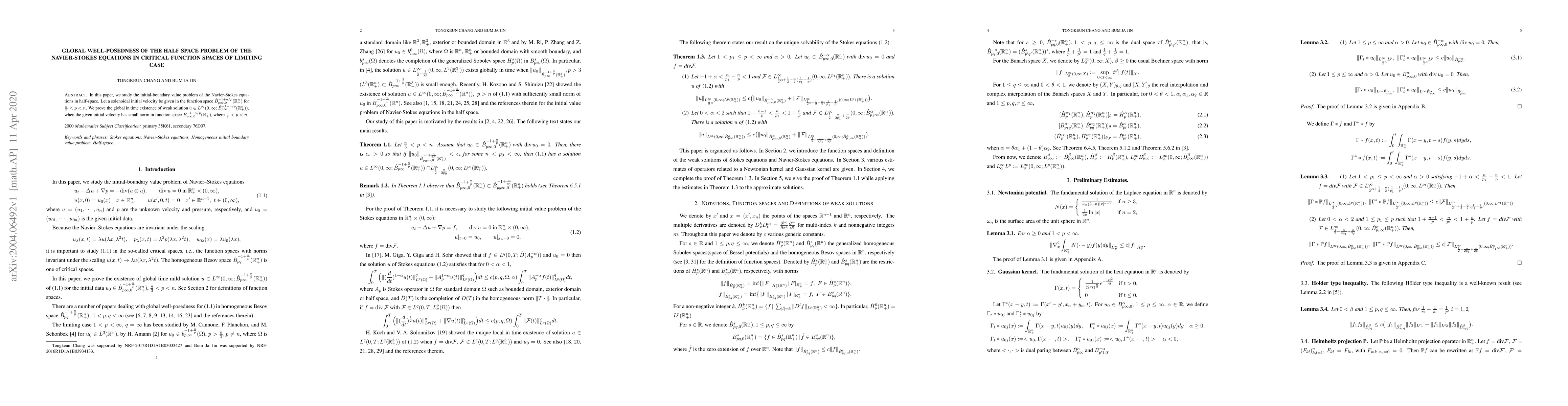 Thumbnail for Global well-posedness of the half space problem of the Navier-Stokes
  equations in critical function spaces of limiting case