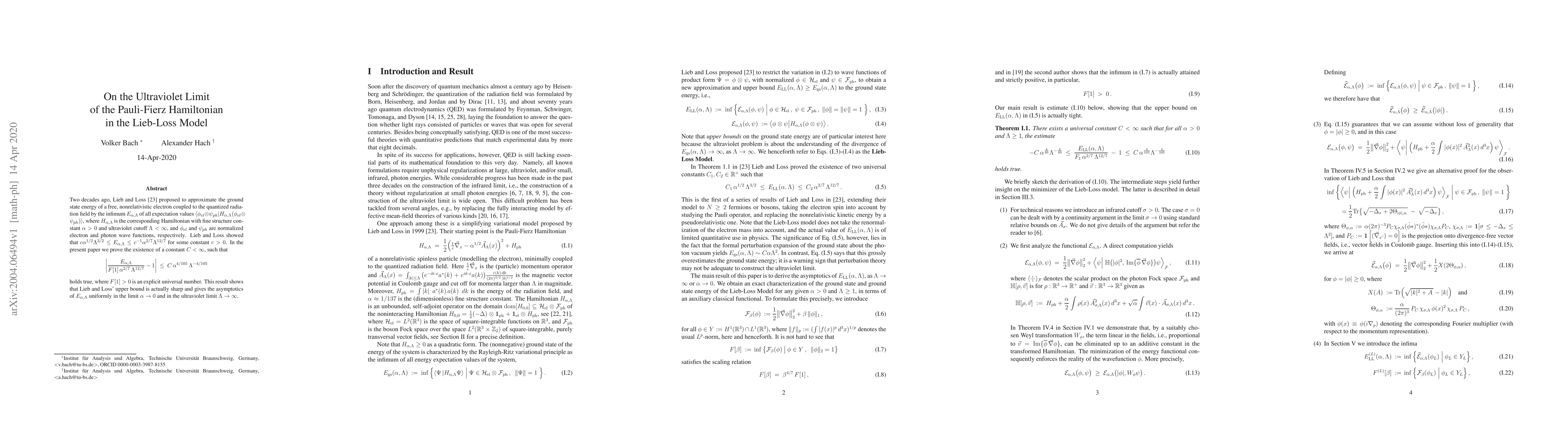 Thumbnail for On the Ultraviolet Limit of the Pauli-Fierz Hamiltonian in the Lieb-Loss
  Model