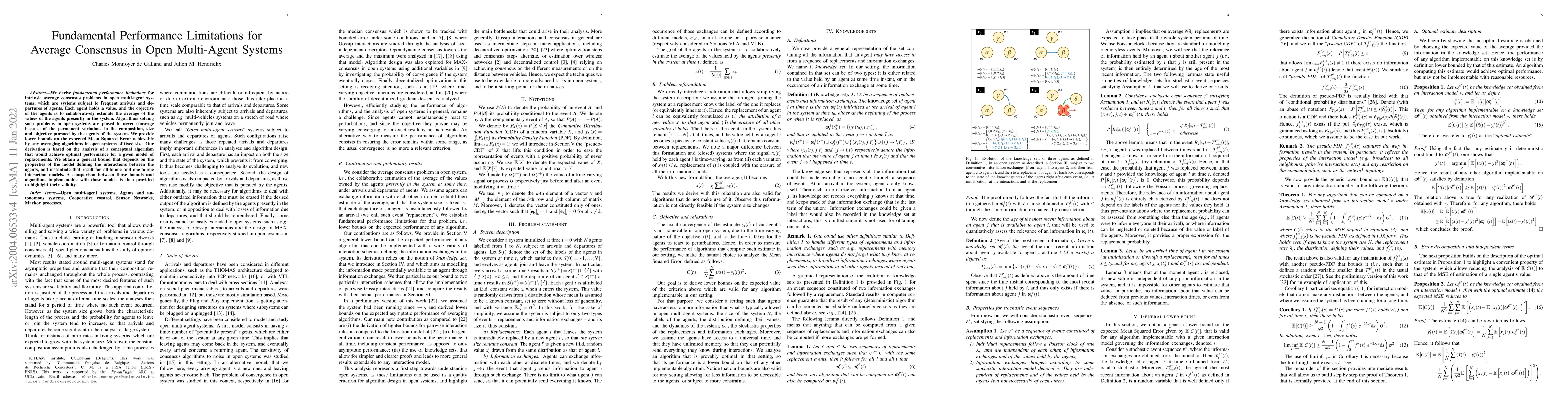 Thumbnail for Fundamental Performance Limitations for Average Consensus in Open
  Multi-Agent Systems
