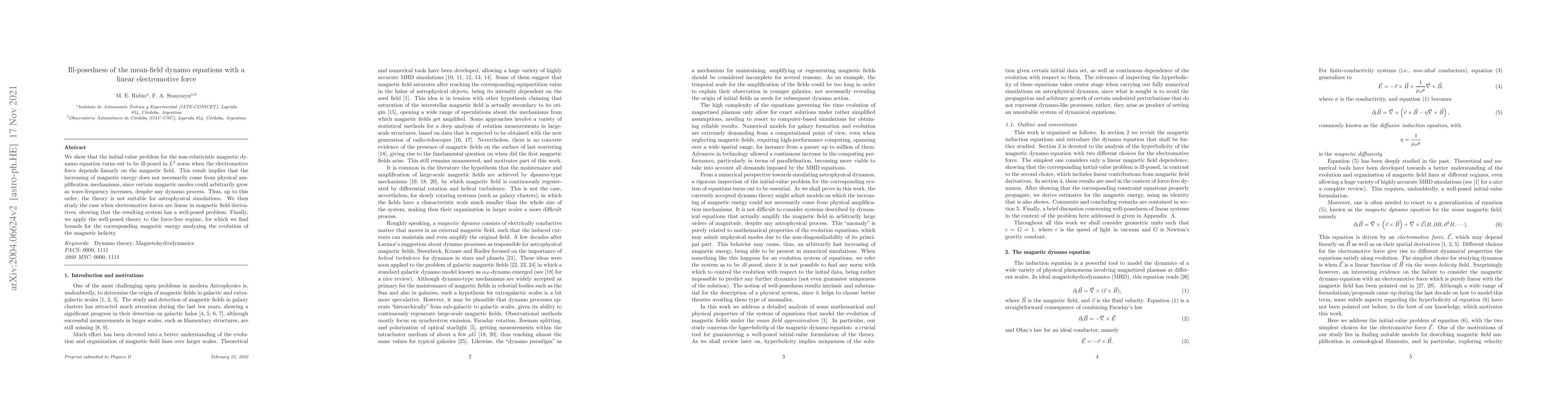 Thumbnail for Ill-posedness of the mean-field dynamo equations with a linear
  electromotive force