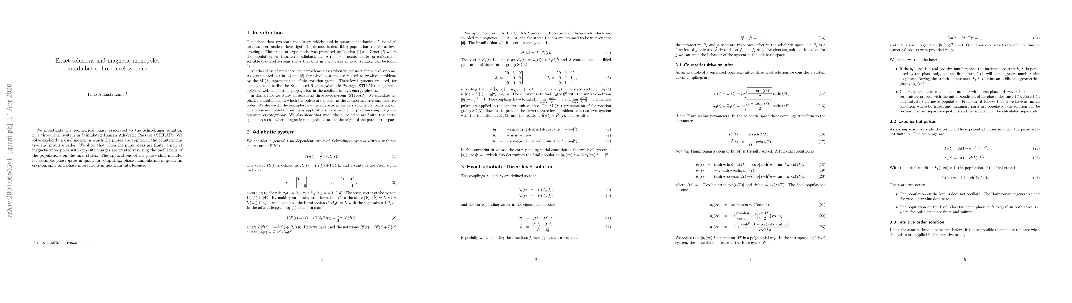 Thumbnail for Exact solutions and magnetic monopoles in adiabatic three level systems