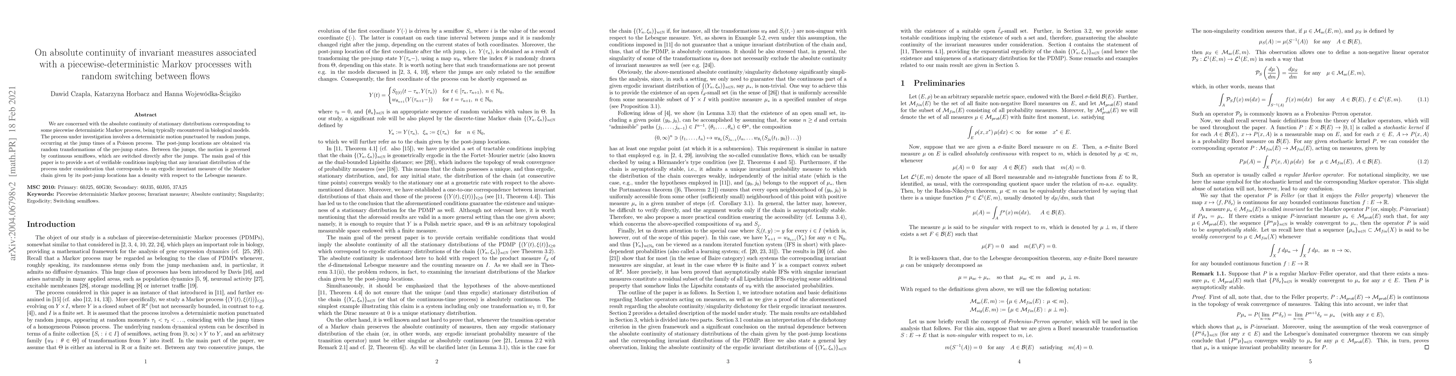 Thumbnail for On absolute continuity of invariant measures associated with a
  piecewise-deterministic Markov processes with random switching between flows