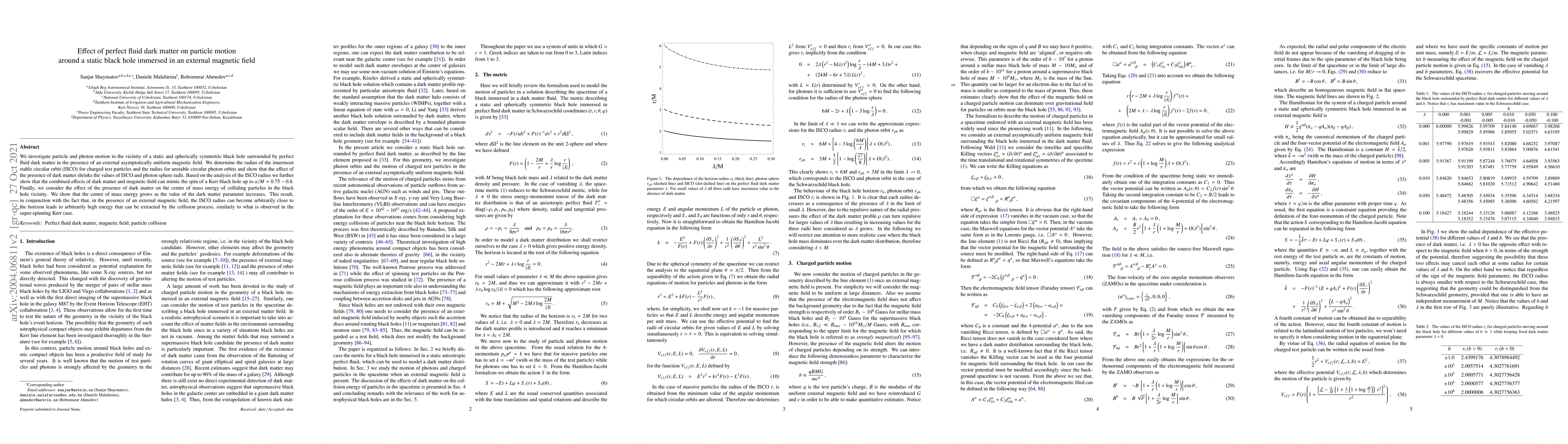 Thumbnail for Effect of perfect fluid dark matter on particle motion around a static
  black hole immersed in an external magnetic field