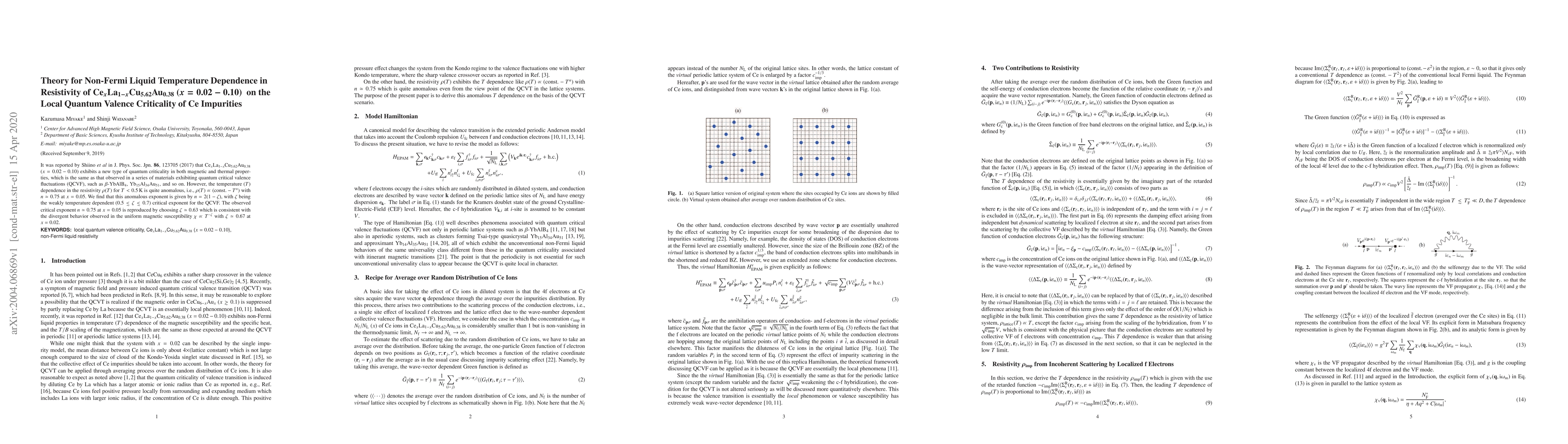 Thumbnail for Theory for Non-Fermi Liquid Temperature Dependence in Resistivity of
  Ce_xLa_{1-x} Cu_{5.62} Au_{0.38} (x=0.02-0.10) on the Local Quantum Valence
  Criticality of Ce Impurities