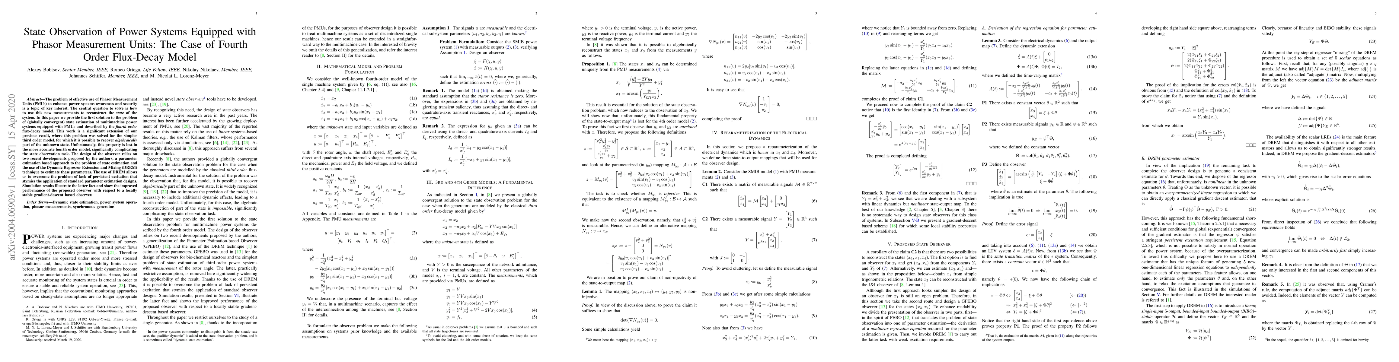 Thumbnail for State Observation of Power Systems Equipped with Phasor Measurement
  Units: The Case of Fourth Order Flux-Decay Model