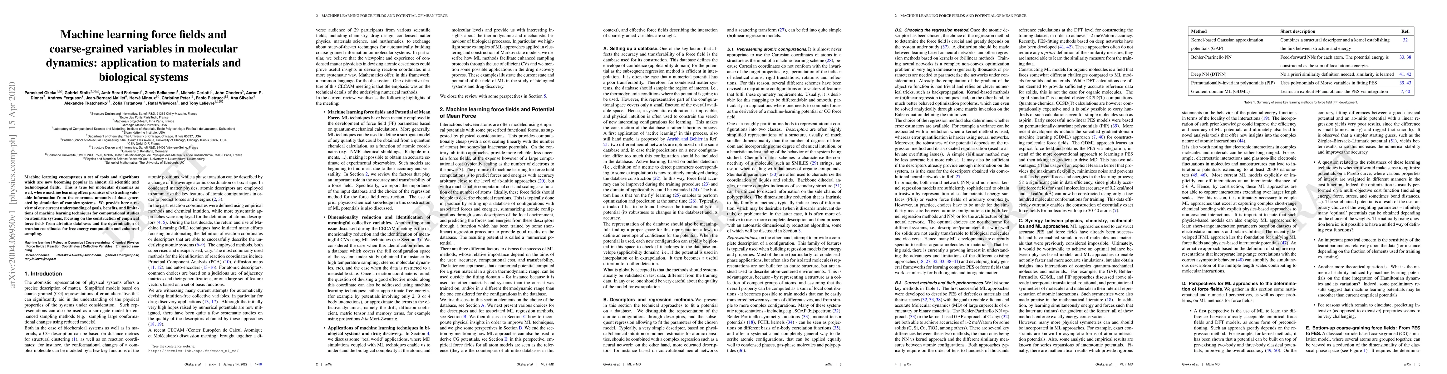 Thumbnail for Machine learning force fields and coarse-grained variables in molecular
  dynamics: application to materials and biological systems