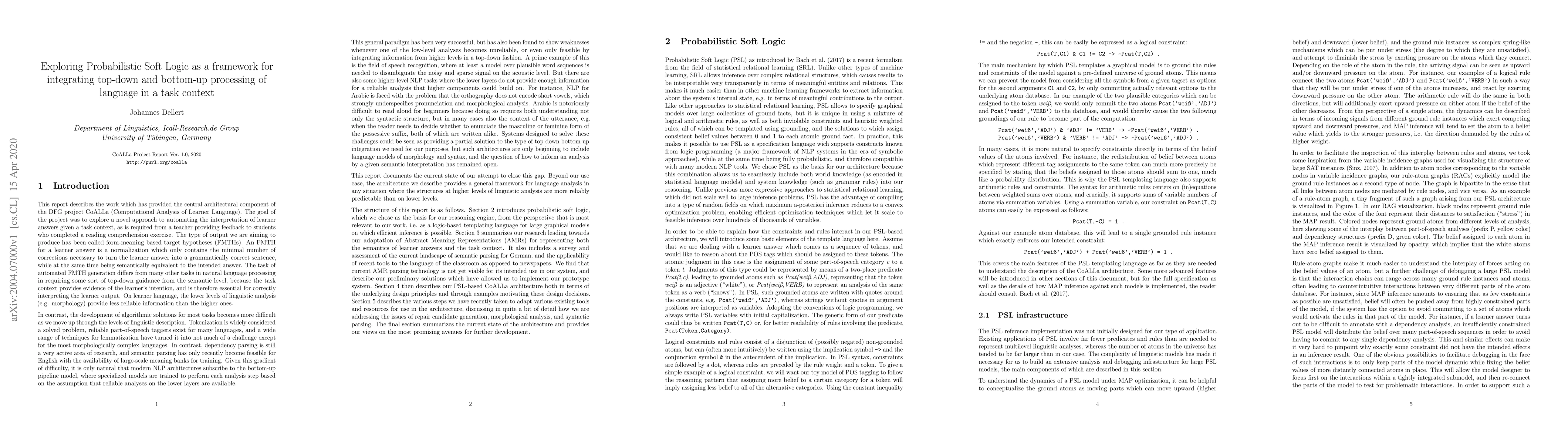 Thumbnail for Exploring Probabilistic Soft Logic as a framework for integrating
  top-down and bottom-up processing of language in a task context