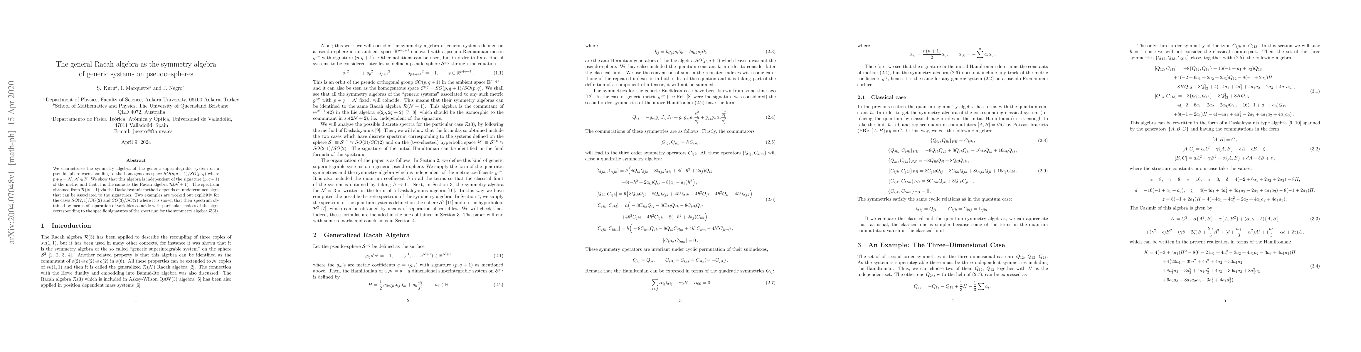 Thumbnail for The general Racah algebra as the symmetry algebra of generic systems on
  pseudo--spheres