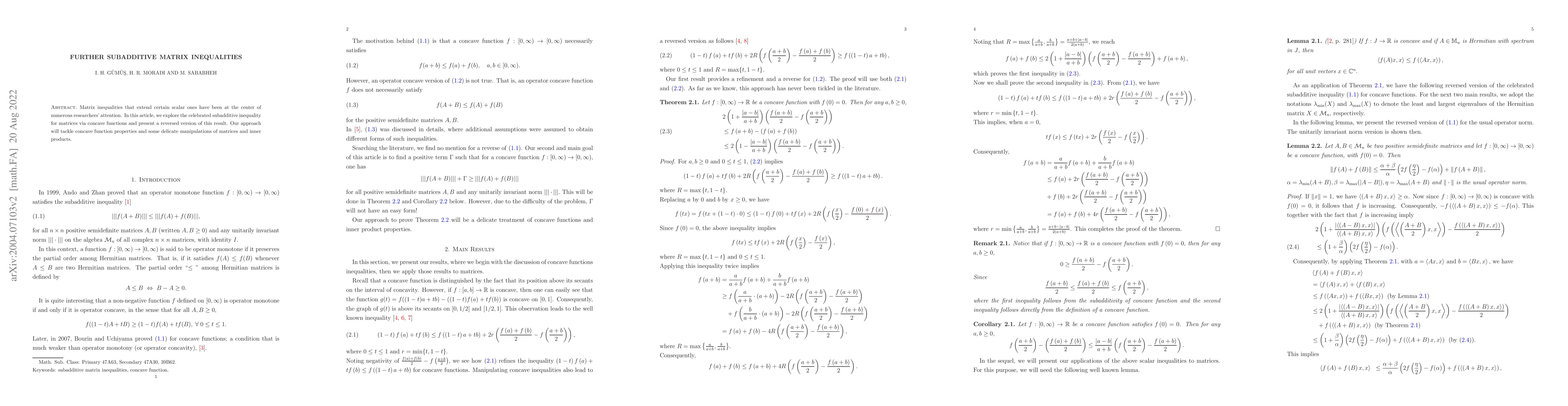 Thumbnail for Further Subadditive Matrix Inequalities