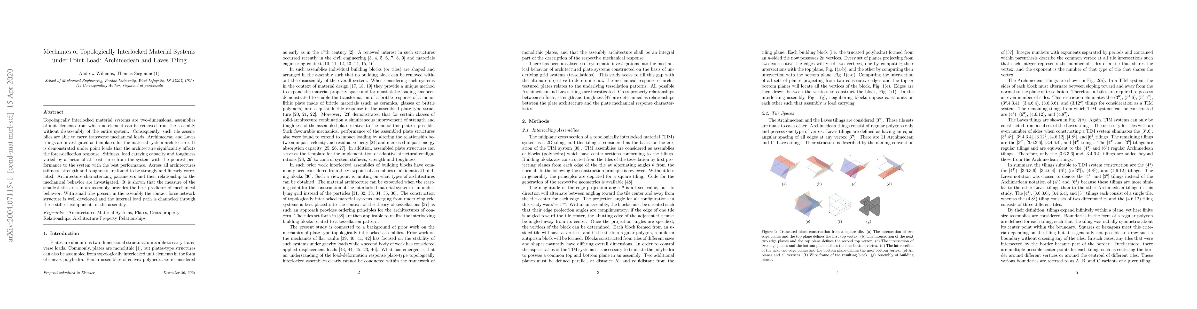 Thumbnail for Mechanics of Topologically Interlocked Material Systems under Point
  Load: Archimedean and Laves Tiling