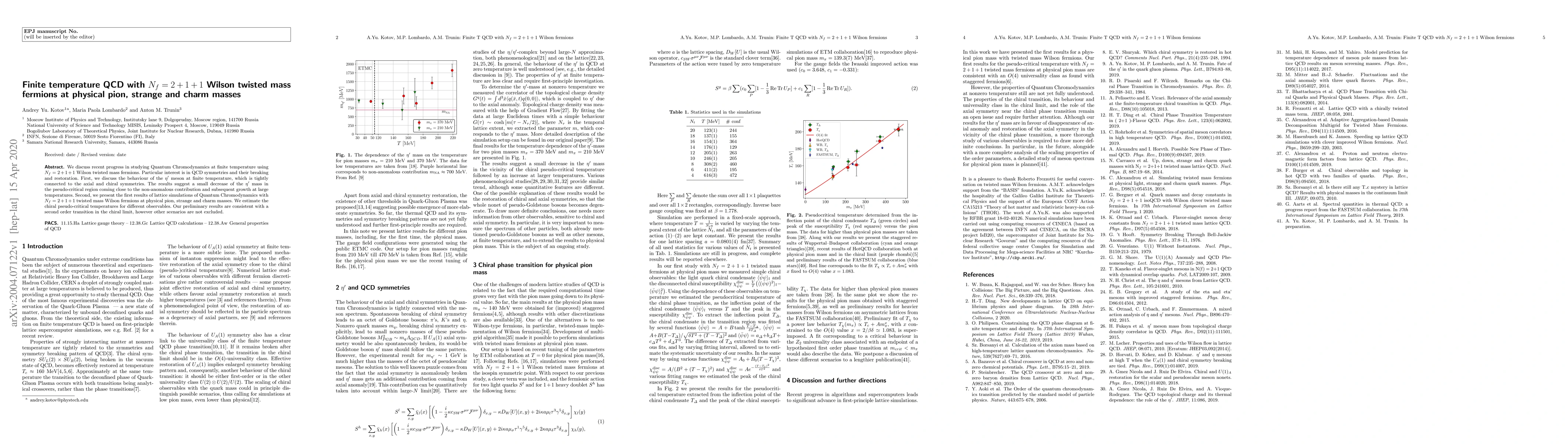 Thumbnail for Finite temperature QCD with $N_f=2+1+1$ Wilson twisted mass fermions at
  physical pion, strange and charm masses