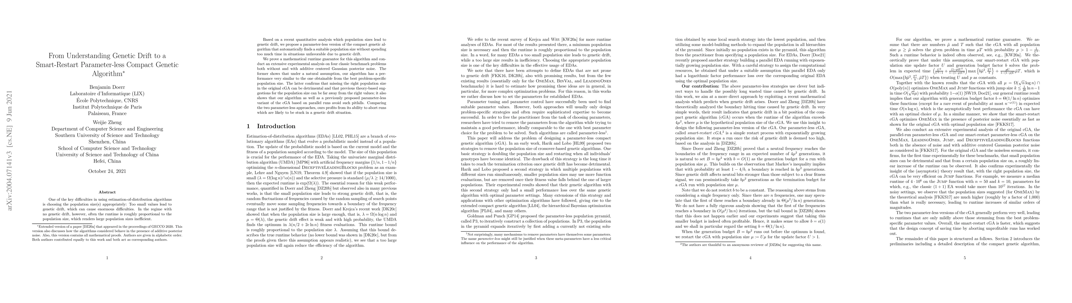 Thumbnail for From Understanding Genetic Drift to a Smart-Restart Parameter-less
  Compact Genetic Algorithm
